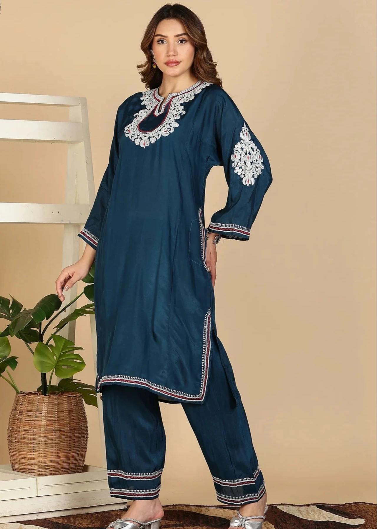 Tilla Embroidered Summer Pheran Set | Blue Colored