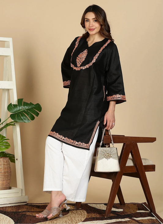 Tilla Embroidered Summer Pheran | Black Colored | Silk Pheran