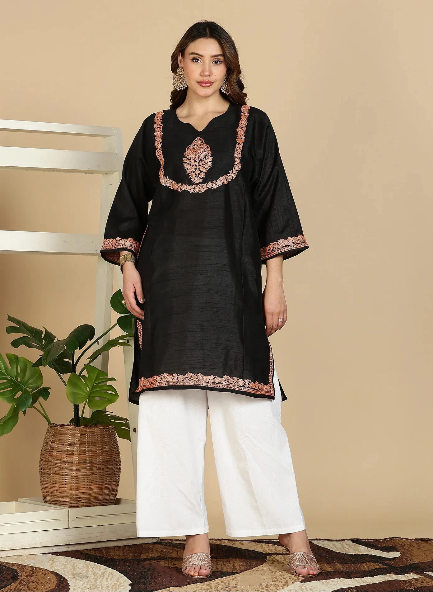 Tilla Embroidered Summer Pheran | Black Colored | Silk Pheran