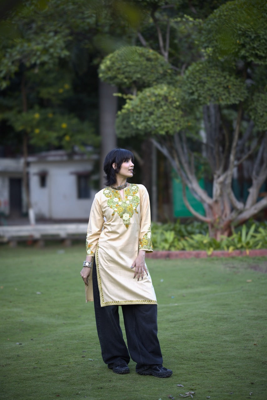 Beige and Light Green Embroidered Long Kurti