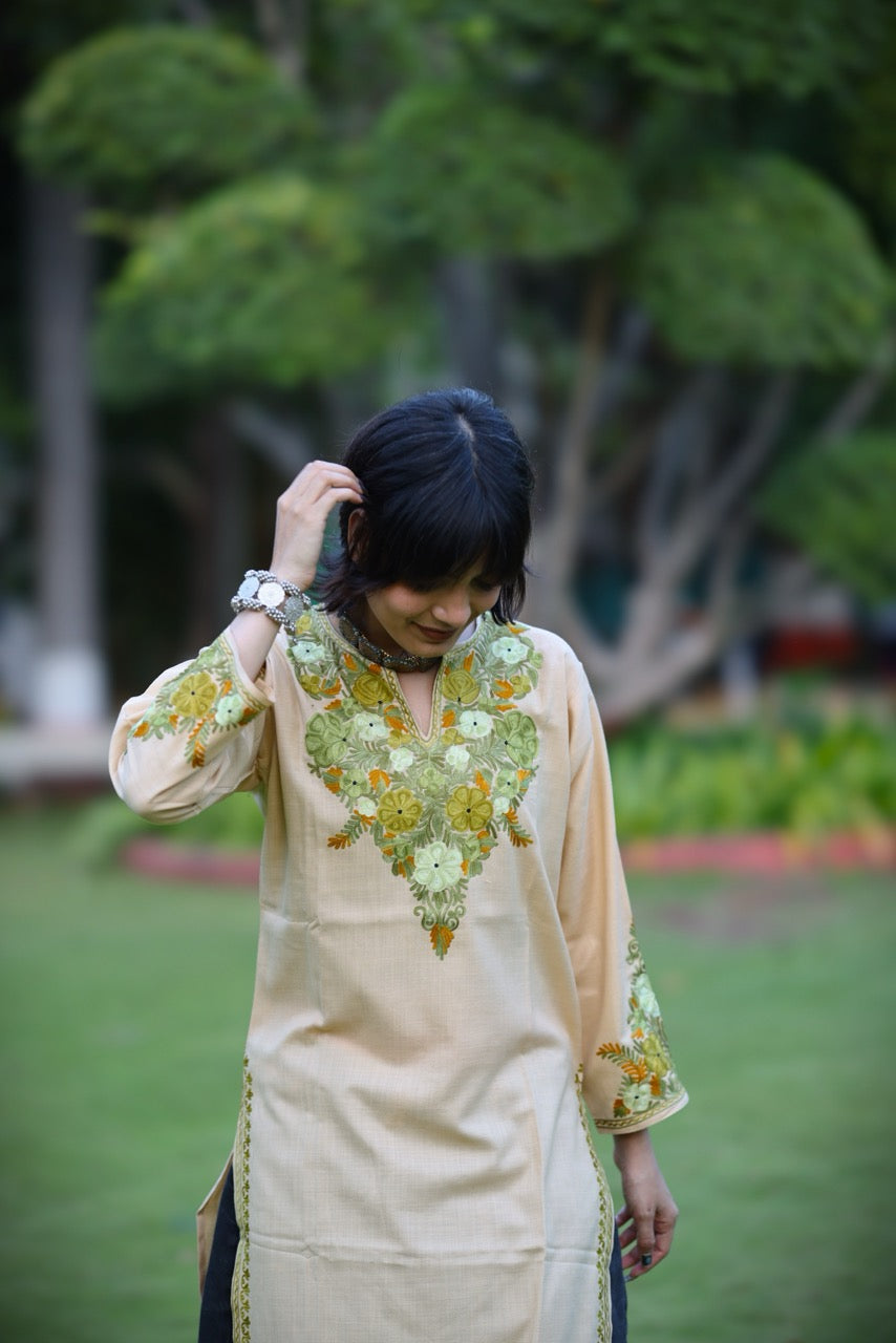 Beige and Light Green Embroidered Long Kurti