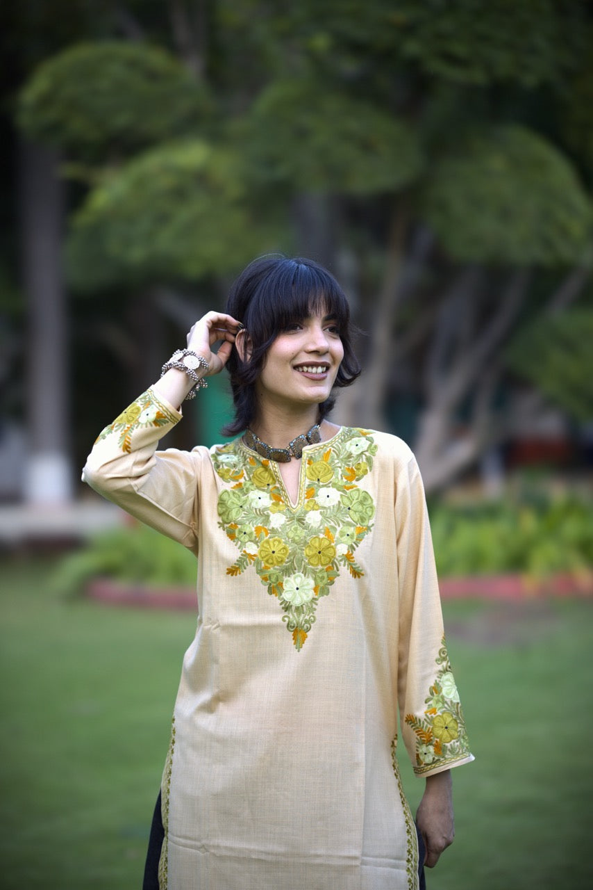 Beige and Light Green Embroidered Long Kurti