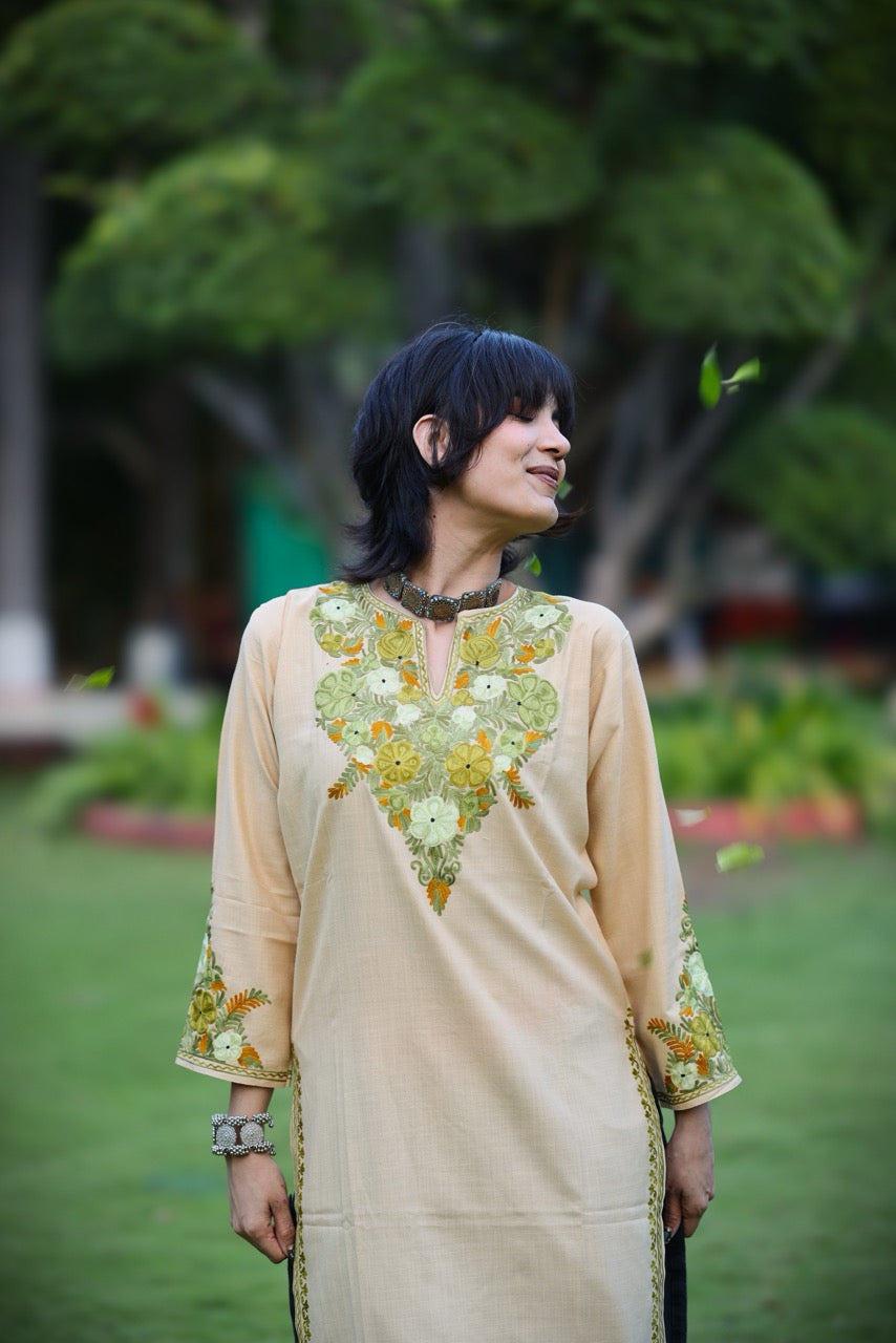 Beige and Light Green Embroidered Long Kurti
