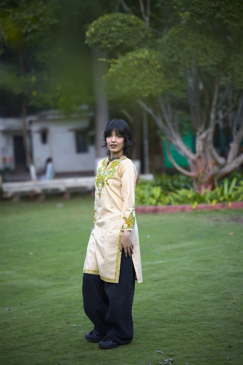 Beige and Light Green Embroidered Long Kurti