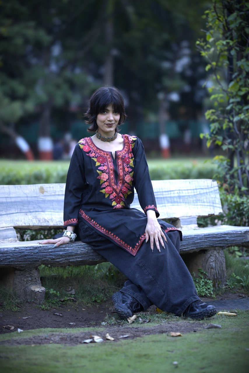 Black and Red Embroidered Long Kurti | Kashmiri Kurti