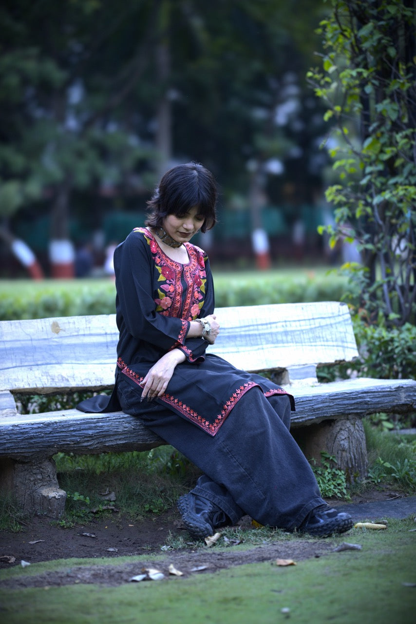 Black and Red Embroidered Long Kurti | Kashmiri Kurti