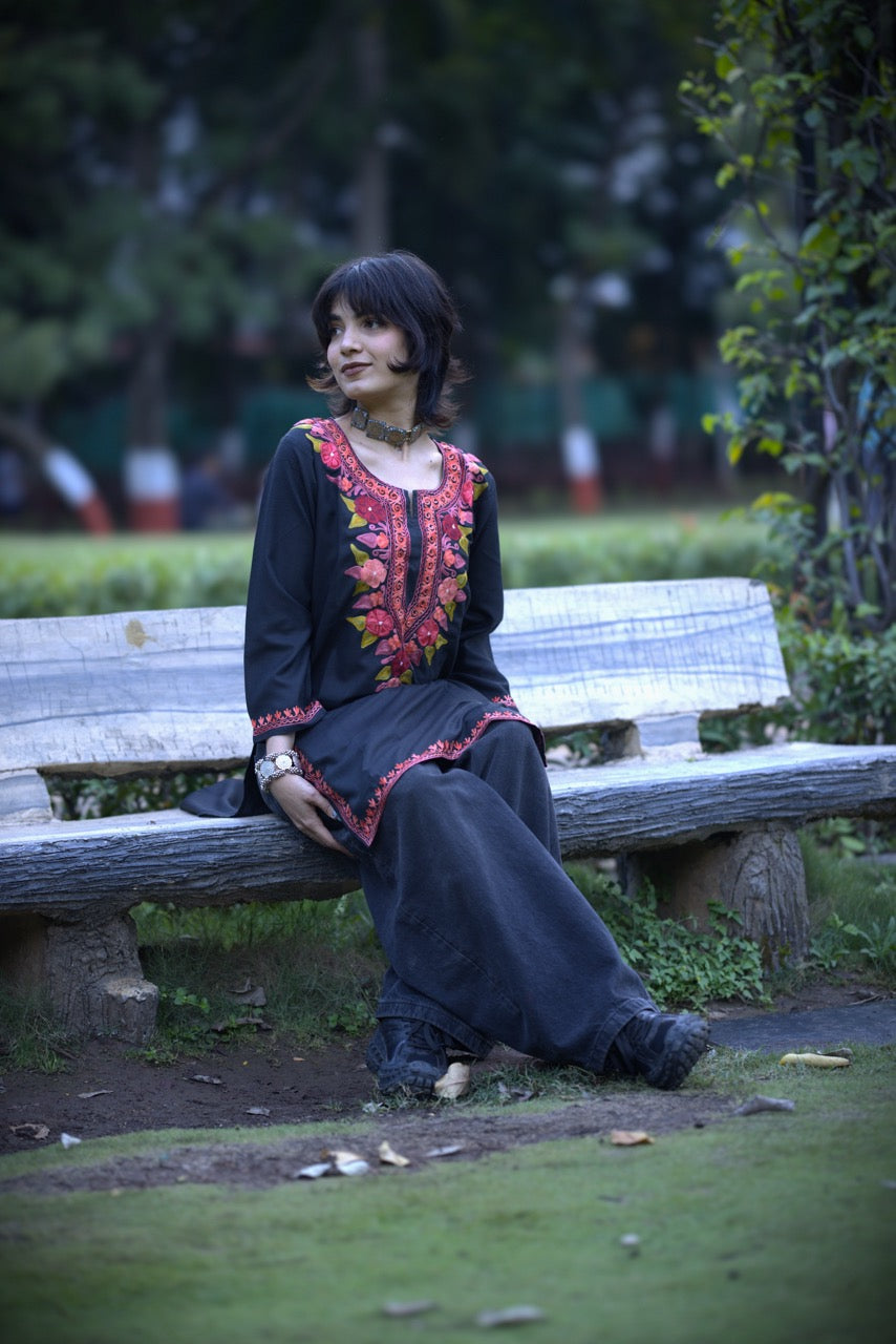 Black and Red Embroidered Long Kurti | Kashmiri Kurti