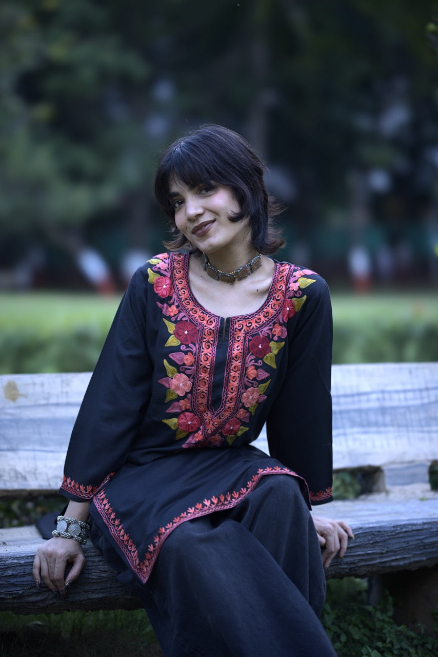Black and Red Embroidered Long Kurti | Kashmiri Kurti