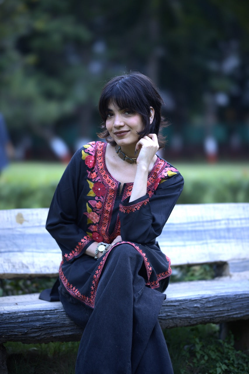 Black and Red Embroidered Long Kurti | Kashmiri Kurti