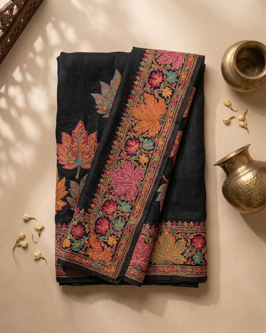 Craftique Kashmir Designer Saree and Blouse Set | Premium Cotton Self Woven | Chinar Embroidery Royal Black Coloured