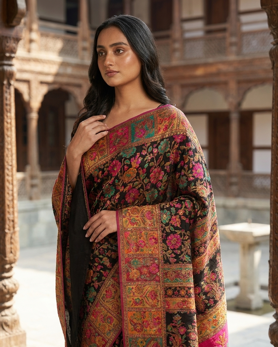 Craftique Kashmir Designer Saree and Blouse Set | Premium Cotton Self Woven | Kalamkaari Black Colorful Motifs