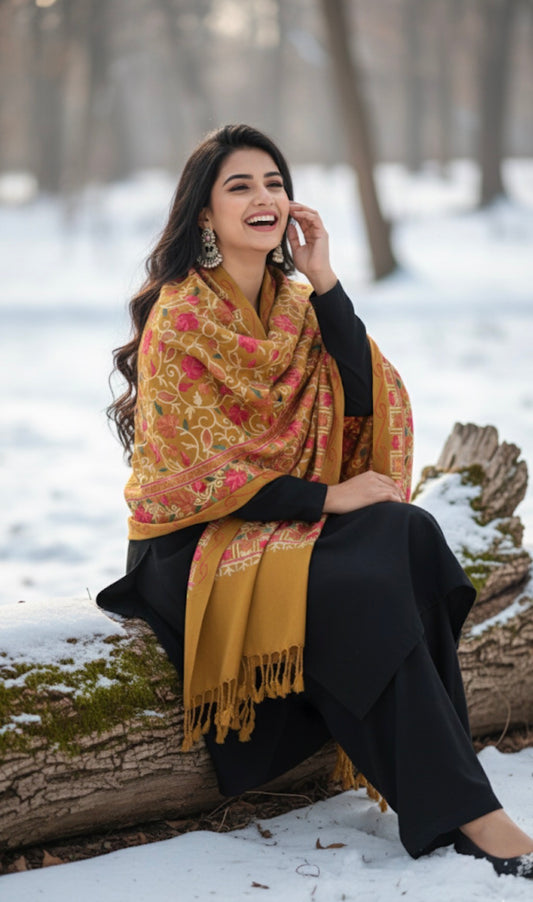 Mustard Multicolored Motifs Embroidered Ladies Stole | Kashmiri Aari Embroidered