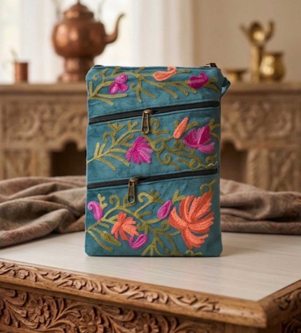Three Zipper Kashmiri Embroidered Velvet Pouch | Alpine Snow