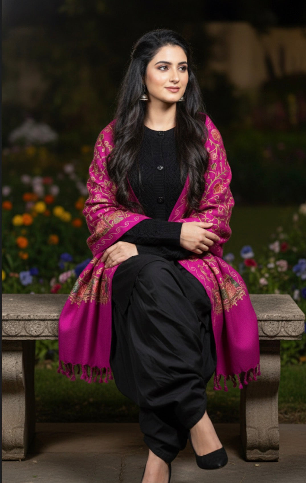 Craftique Embroidered Kashmiri Stole | Royal Pink | Aari Embroidered
