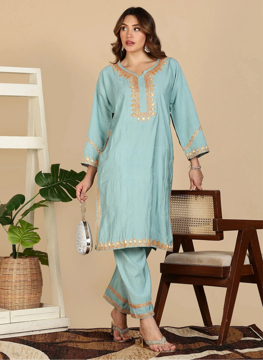 Celadon Green Kashmiri Tilla Embroidered Summer Pheran Set