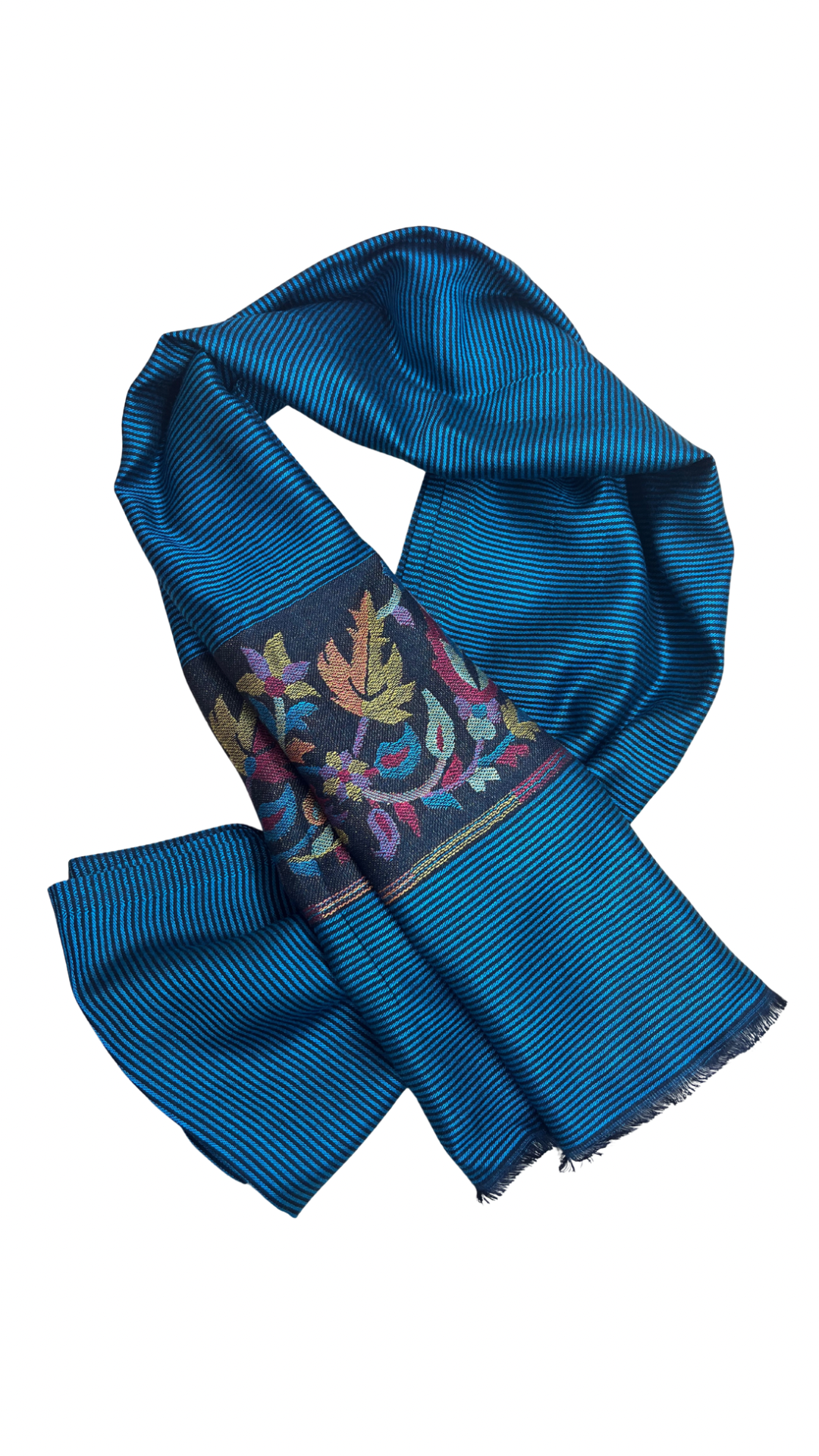 Turquoise Blue Kashmiri Stole | Kani Paaldaar Black Thin Stripes | Self Woven Kani Tussar Silk Stole