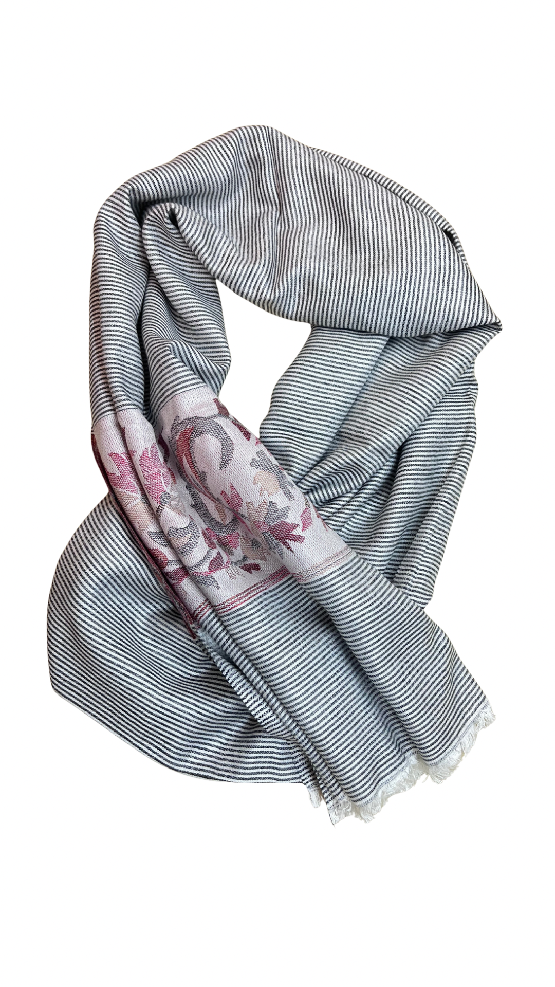 Light Grey Kashmiri Stole | Kani Paaldaar Black Thin Stripes | Self Woven Kani Tussar Silk Stole