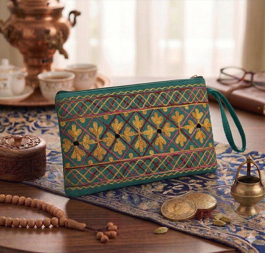 Craftique Kashmiri Embroidered Utility Pouch / Wristlet | Teal & Gilded Gold