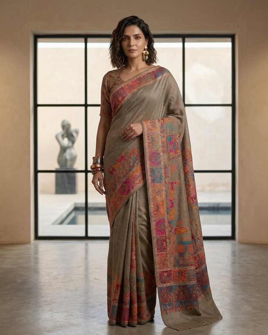 Craftique Kashmir Designer Saree and Blouse Set | Premium Cotton Self Woven | Kalamkaari Grey Coloured