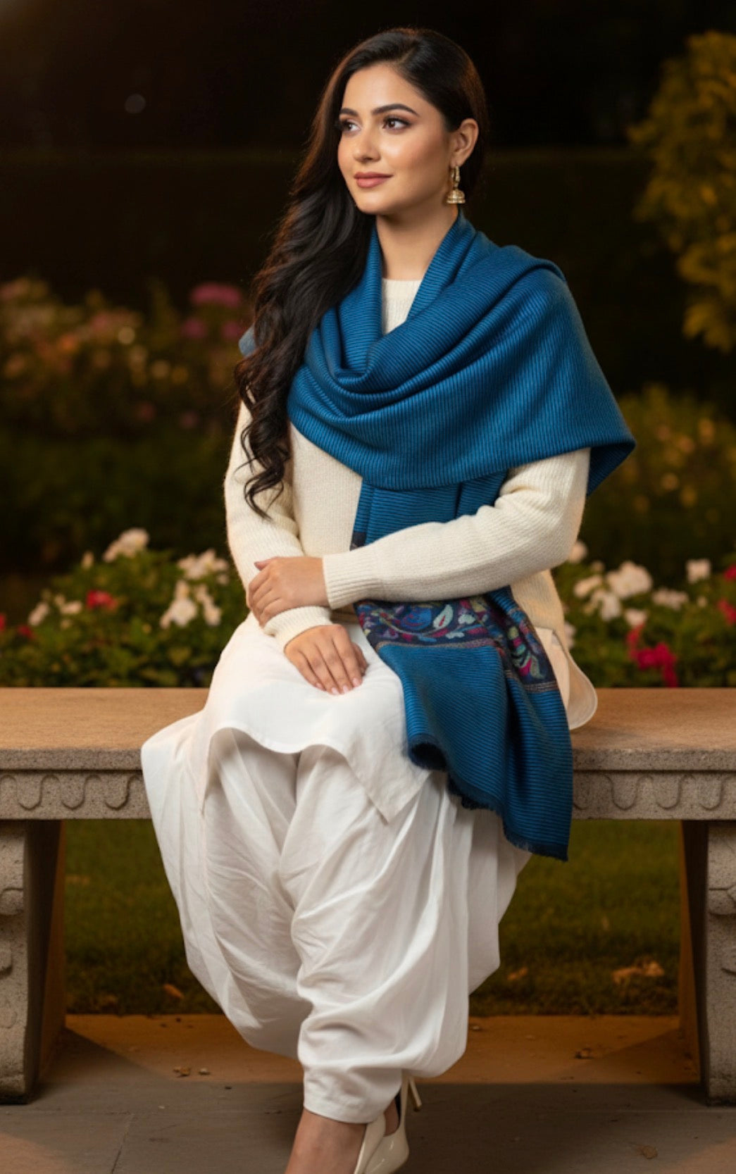 Turquoise Blue Kashmiri Stole | Kani Paaldaar Black Thin Stripes | Self Woven Kani Tussar Silk Stole