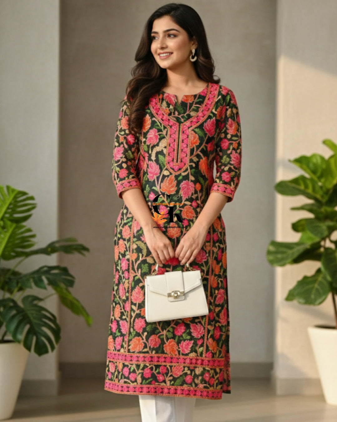 Craftique Kashmir Semi Stitched Dark Green Colorful Motifs Embroidered Long Kurti | Kashmiri Georgette Ladies Kurti