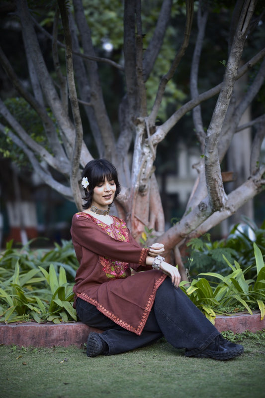 Kashmiri Embroidered Long Kurti | Dark Brown Colored
