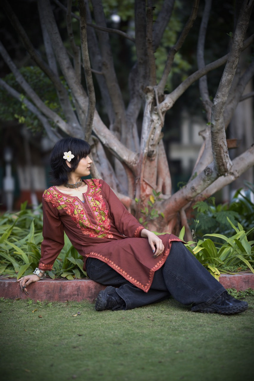Kashmiri Embroidered Long Kurti | Dark Brown Colored