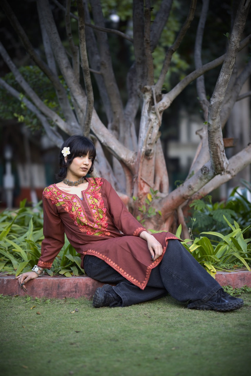 Kashmiri Embroidered Long Kurti | Dark Brown Colored