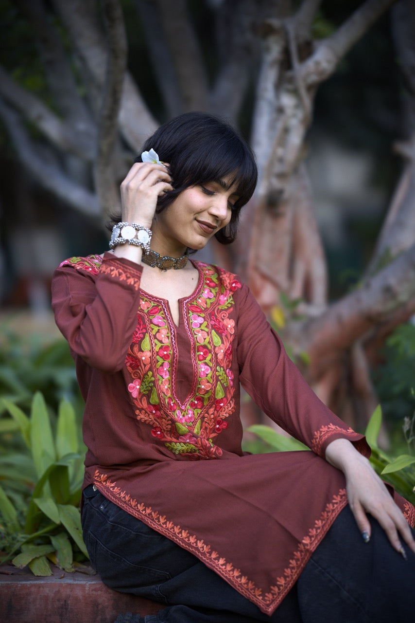 Kashmiri Embroidered Long Kurti | Dark Brown Colored