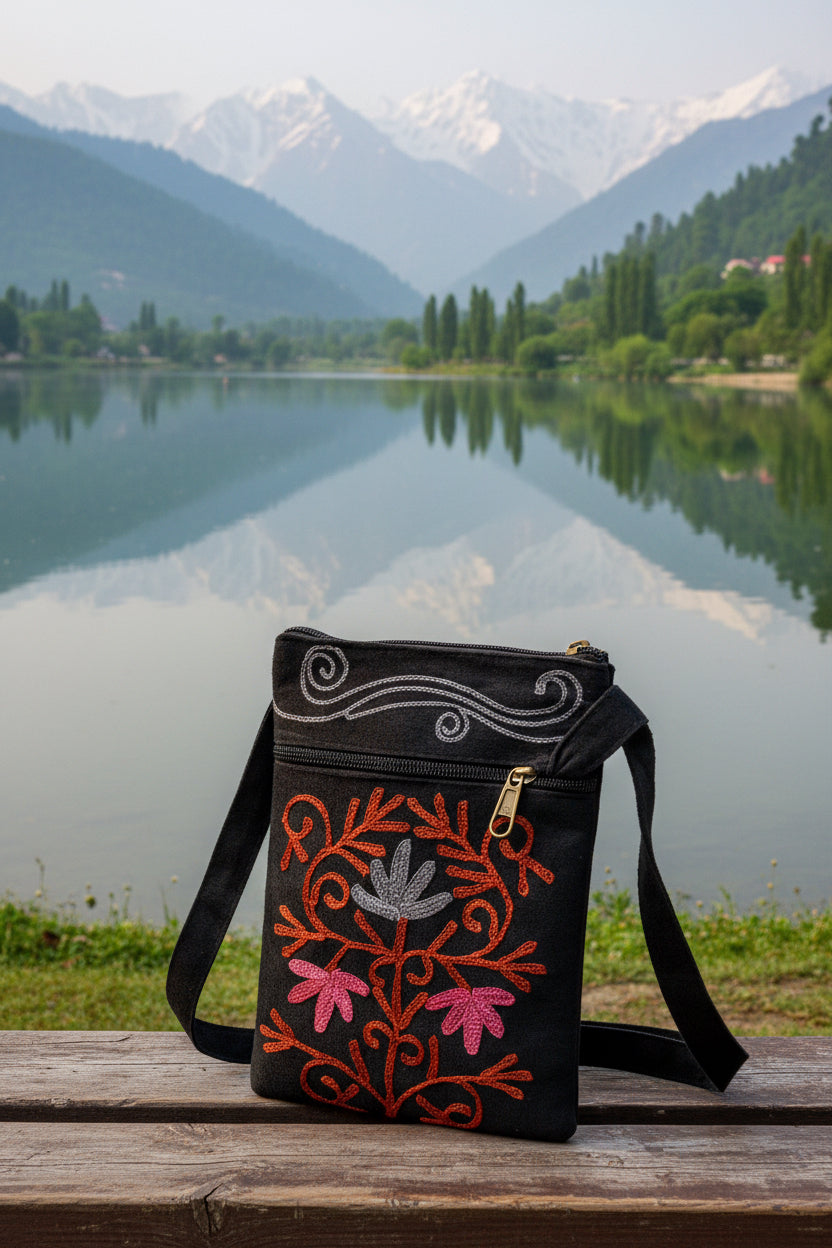 Craftique Kashmiri Embroidered Sling Bag | Royal Black