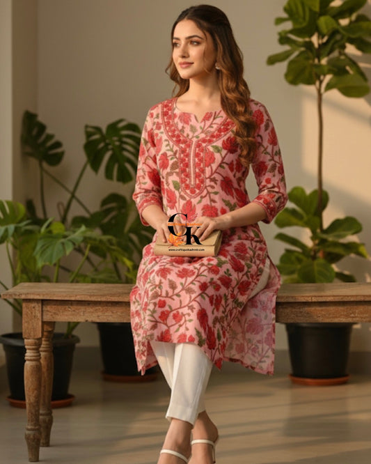 Craftique Kashmir Semi Stitched Dark Pink Colorful Motifs Embroidered Long Kurti | Kashmiri Georgette Ladies Kurti