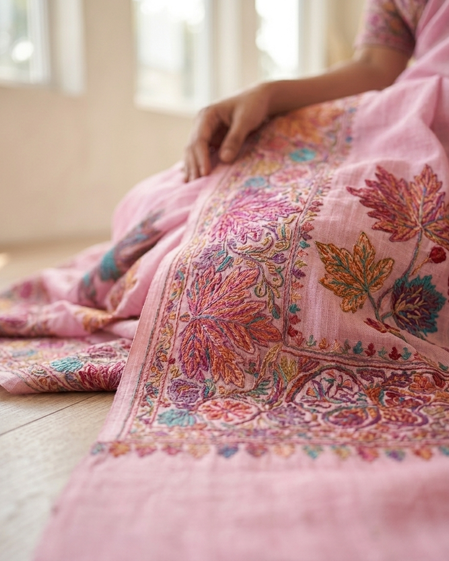 Craftique Kashmir Designer Saree and Blouse Set | Premium Cotton Self Woven | Chinar Embroidery Stylish Pink Coloured