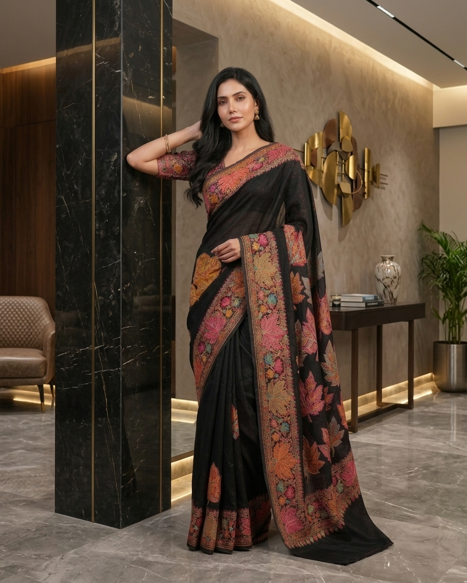 Craftique Kashmir Designer Saree and Blouse Set | Premium Cotton Self Woven | Chinar Embroidery Royal Black Coloured