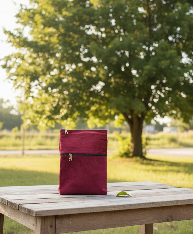 Three Zipper Kashmiri Embroidered Velvet Pouch | Rich Maroon / Deep Burgundy