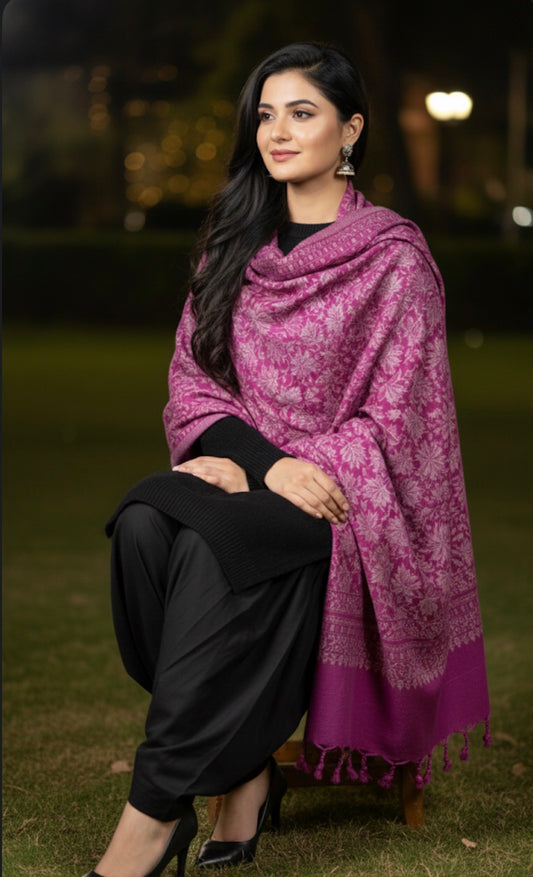 Premium Modal Stole | Magenta Colored | Chinar Leaf Pattern