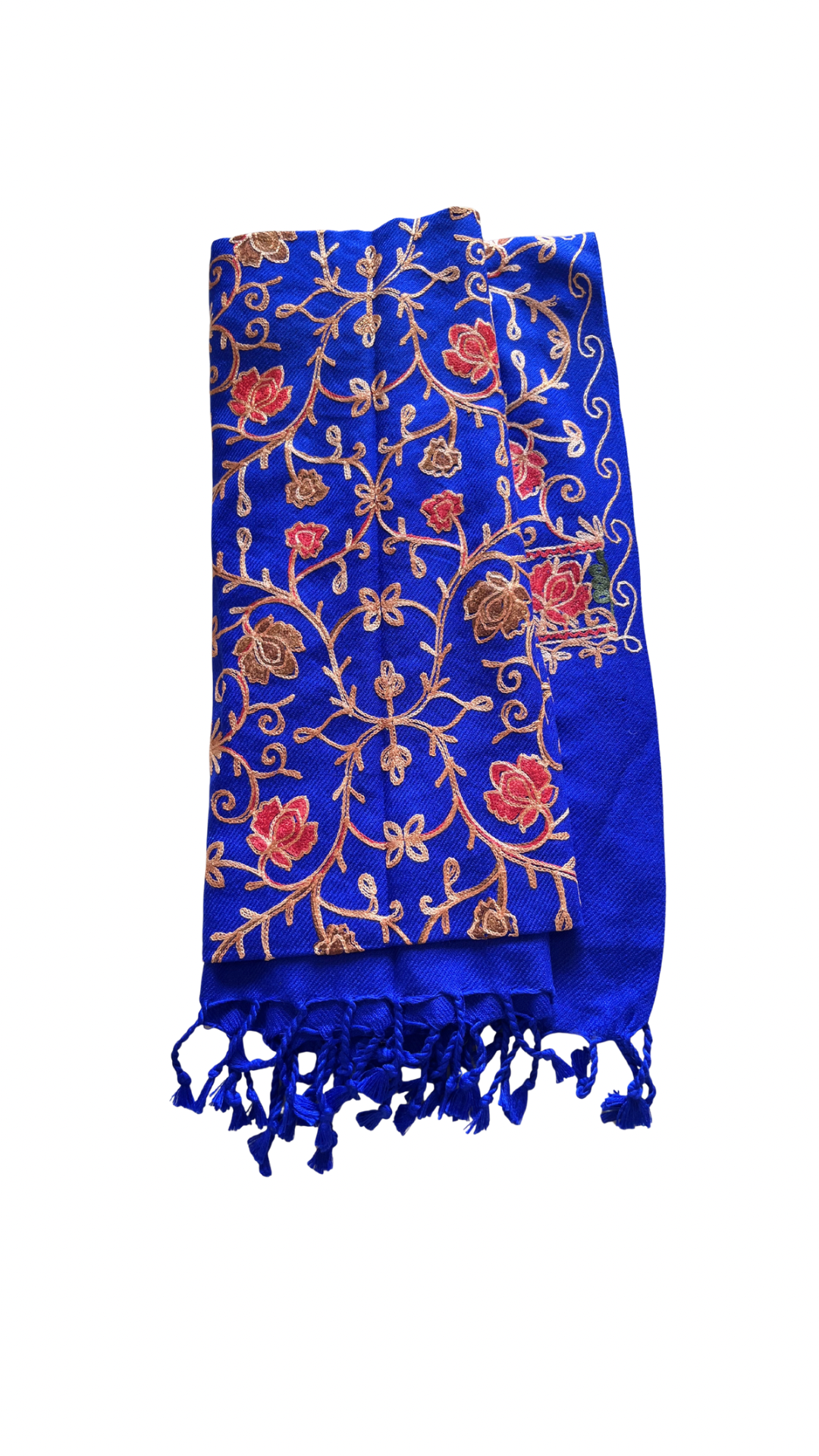 Blue scarf with floral patterns and tassels on a white background