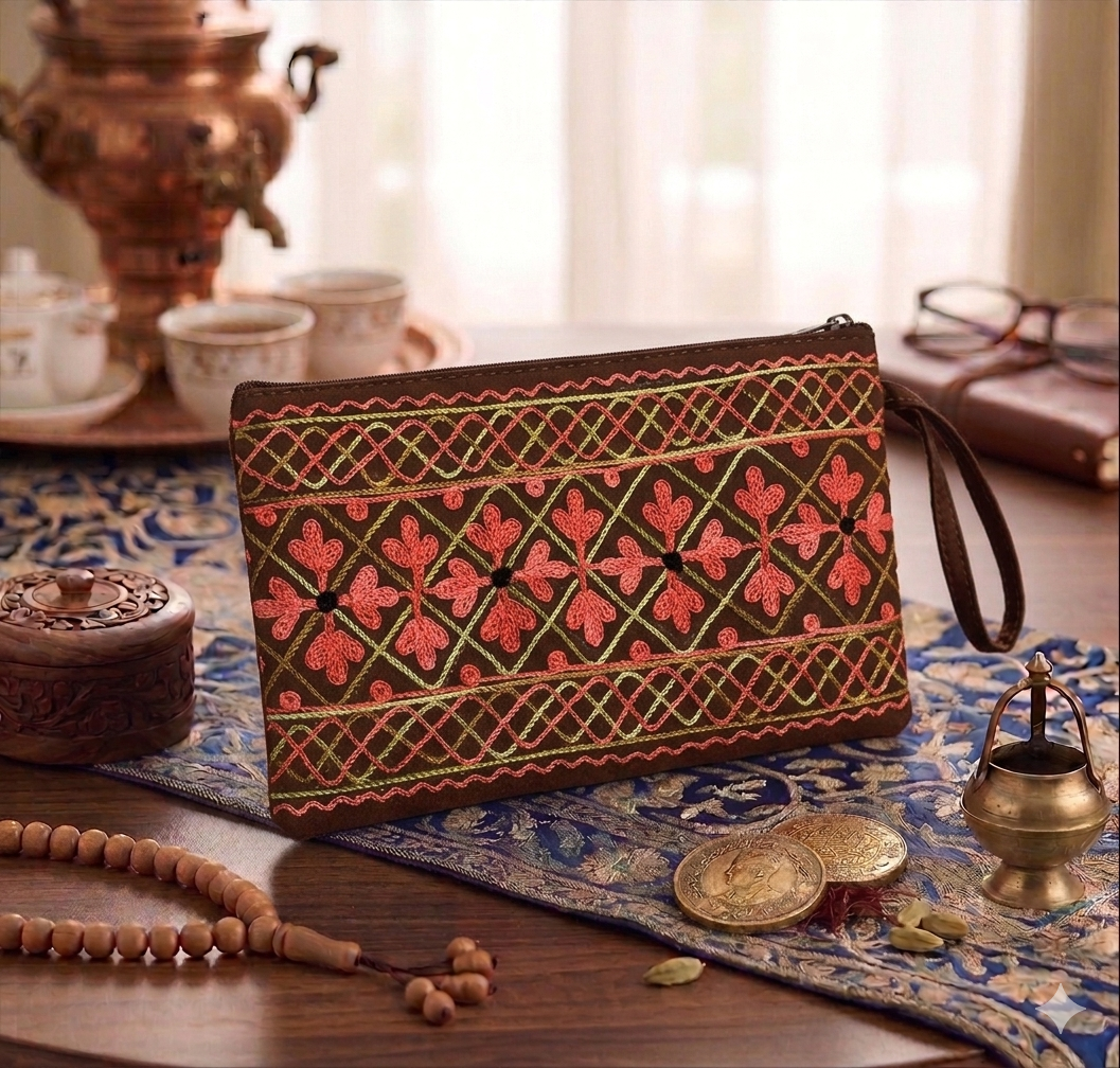 Craftique Kashmiri Embroidered Utility Pouch / Wristlet | Espresso Coral