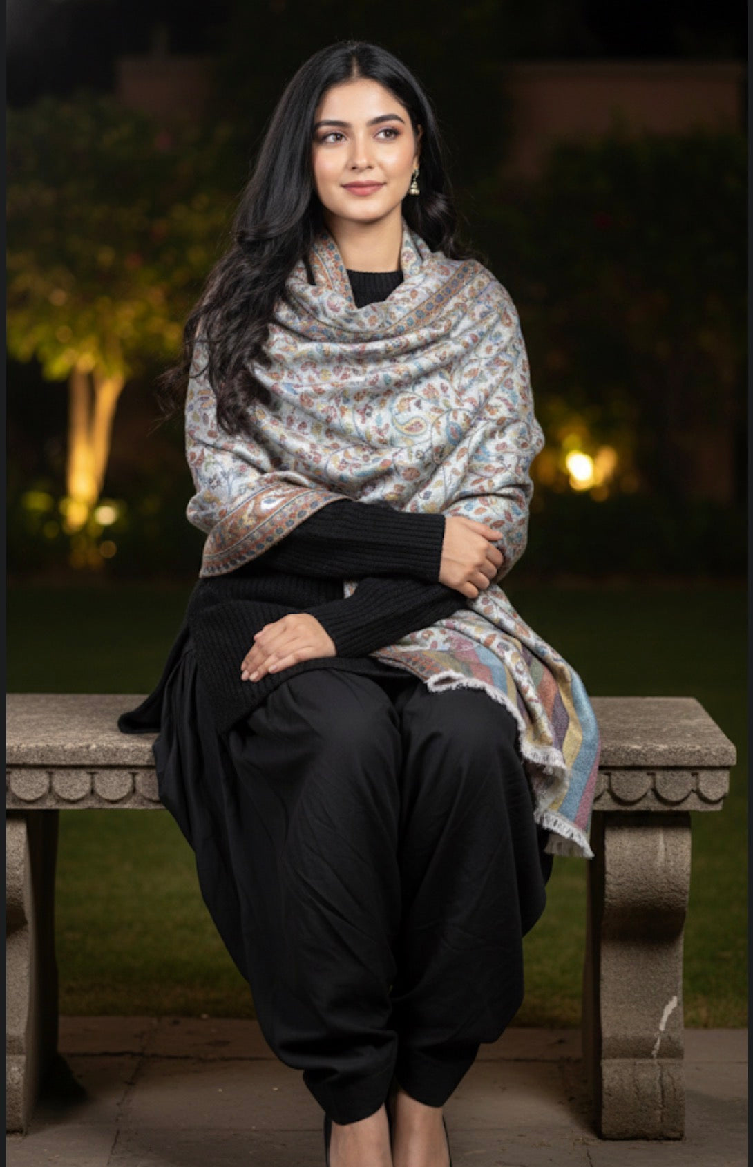Extra Soft Kashmiri Tussar Silk Stole | White Multicolored | Self Woven Kani Stole