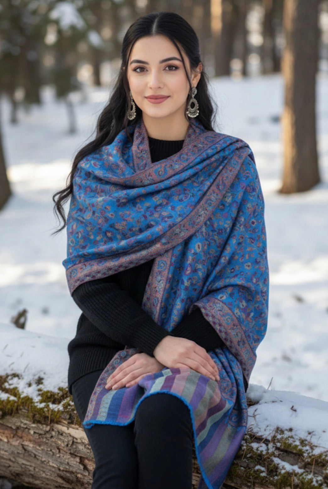 Semi Pashmina Kani Stole | Blue Paisley Colored | Kashmiri Woven Stole