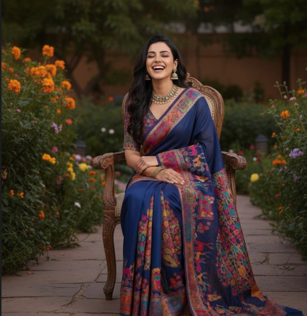 Craftique Kashmir Designer Saree and Blouse Set | Premium Cotton Self Woven | Kalamkaari Royal Blue Coloured