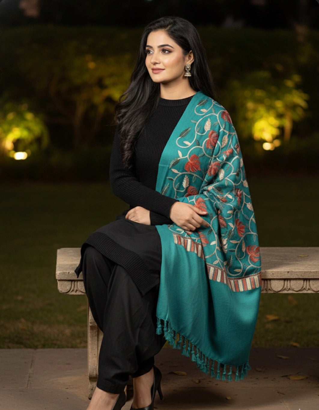Parrot Green Multicolored Chinar Embroidered Ladies Shawl | Kashmiri Aari Embroidered