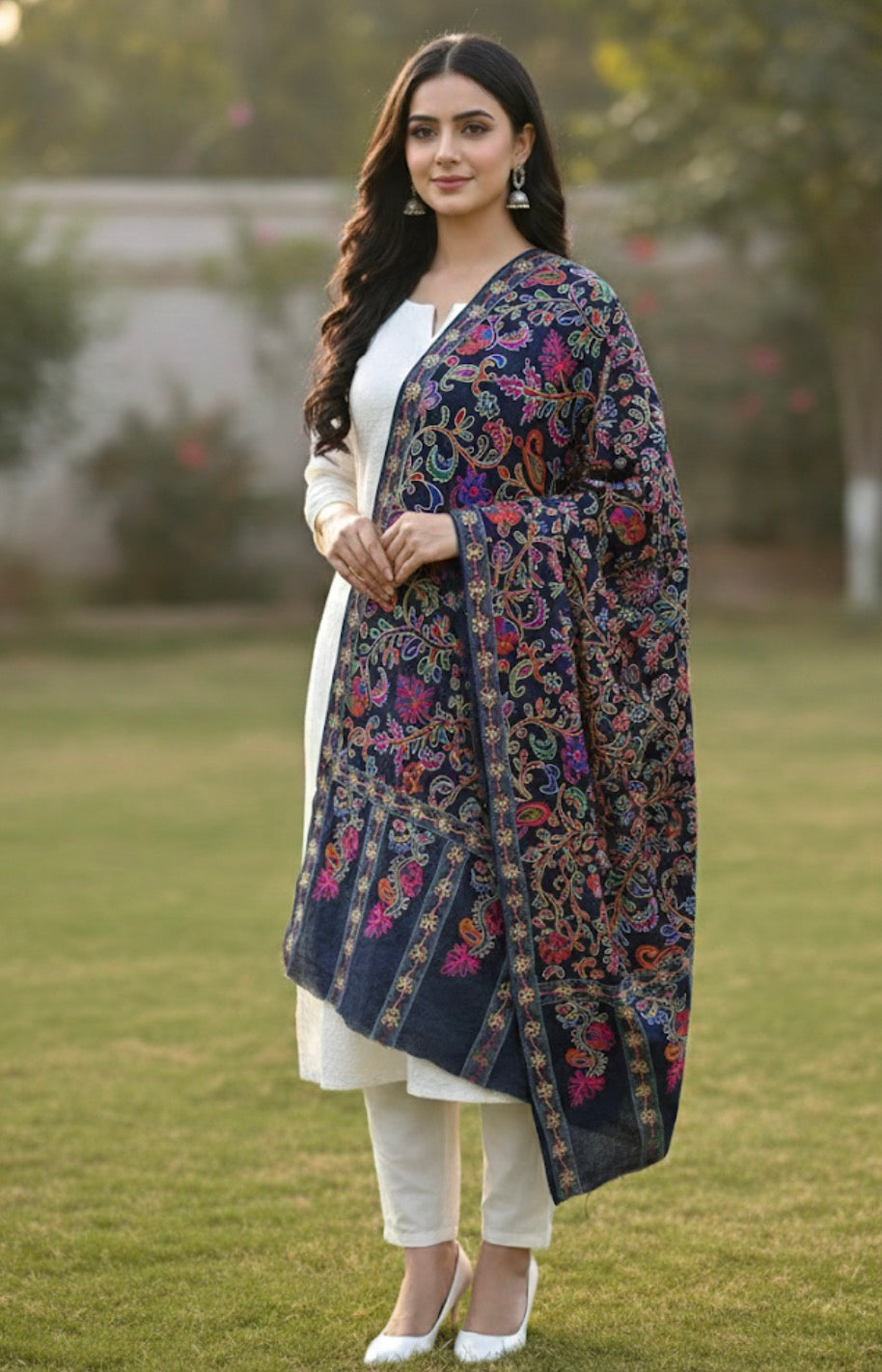 Craftique Premium Soft Silk Kalamkaari Shawl | Navy Blue Multicolored Motifs Pattern | Blue Base