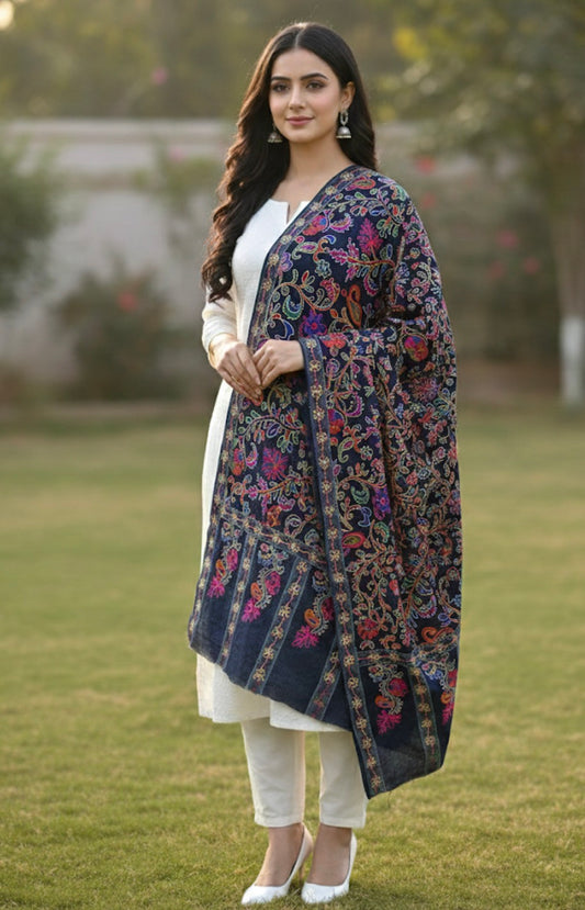 Craftique Premium Soft Silk Kalamkaari Shawl | Navy Blue Multicolored Motifs Pattern | Blue Base