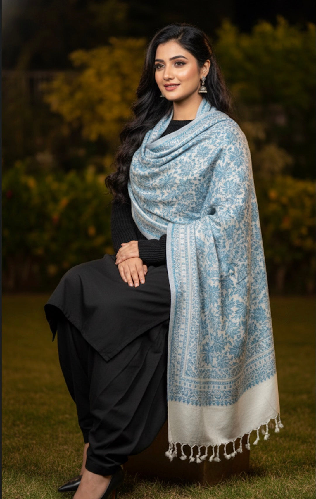 Soft Wool Stole | White Base Blue Colored | Chinar Leaf Pattern