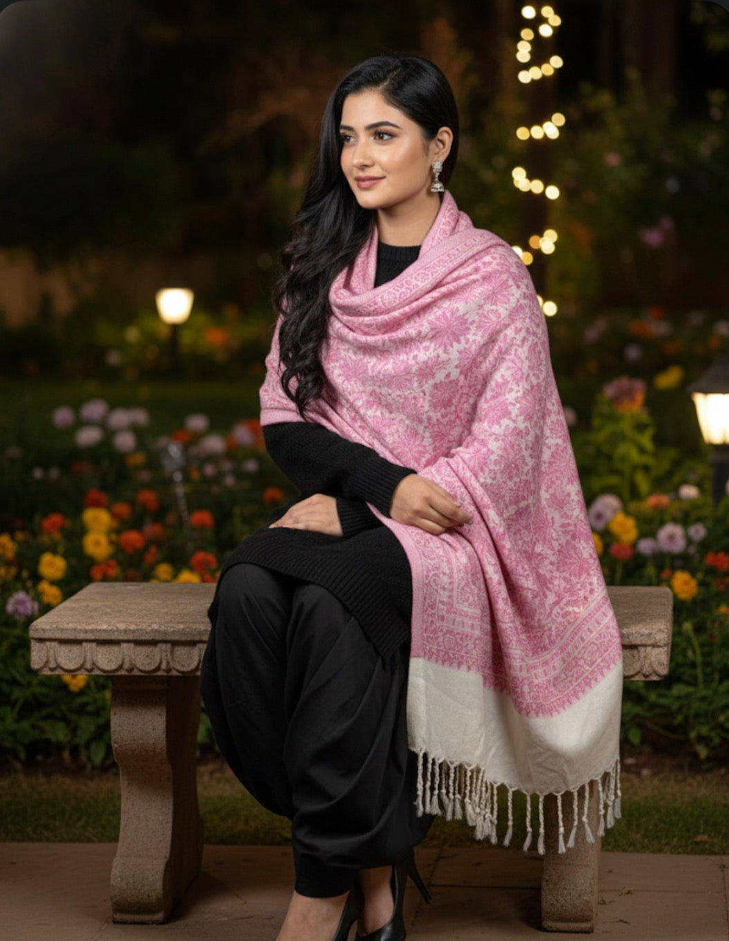 Soft Wool Stole | White Base Light Pink Colored | Chinar Leaf Pattern