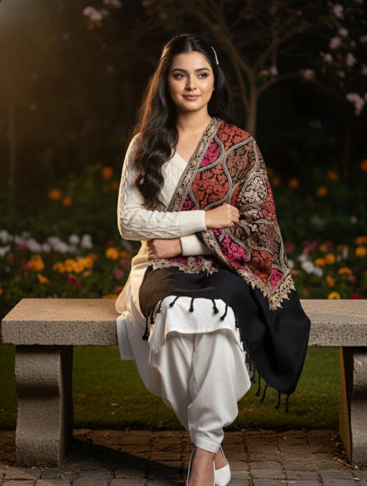 Black Multicolored Embroidered Ladies Shawl | Kashmiri Aari Embroidered