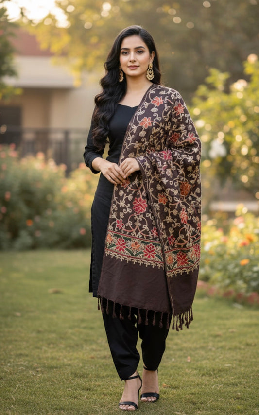 Kashmiri Embroidered Shawl | Dark Brown Colored | Aari Embroidered