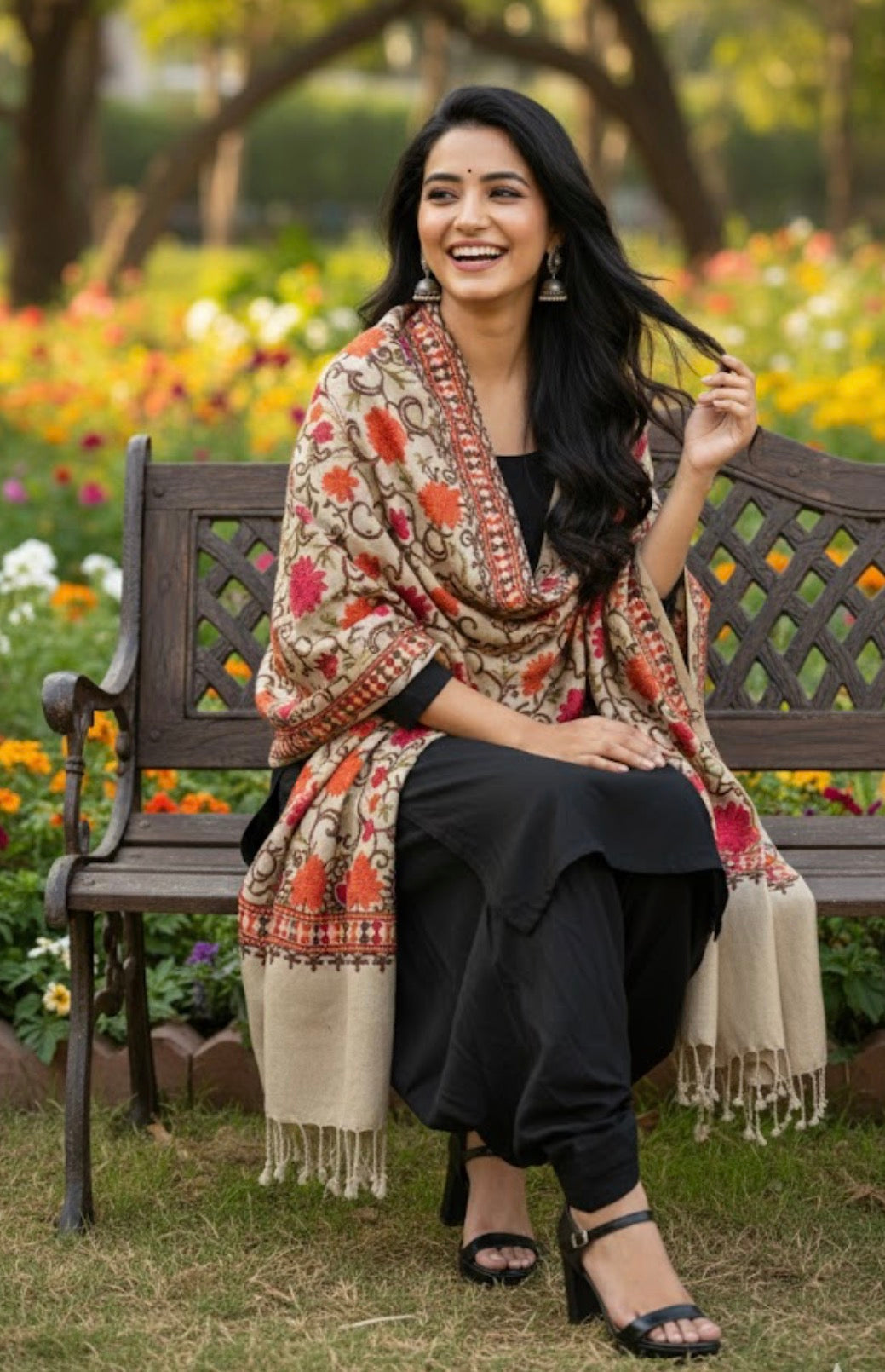 Beautiful Beige Multi Embroidered Kashmiri Shawl | Aari Embroidered