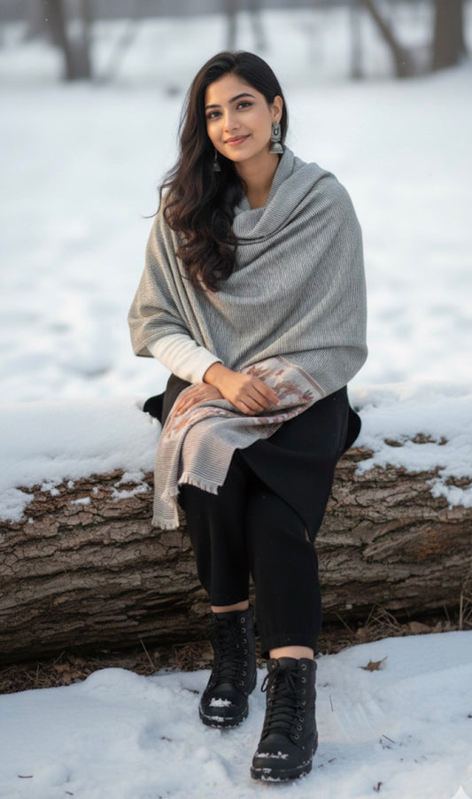 Light Grey Kashmiri Stole | Kani Paaldaar Black Thin Stripes | Self Woven Kani Tussar Silk Stole