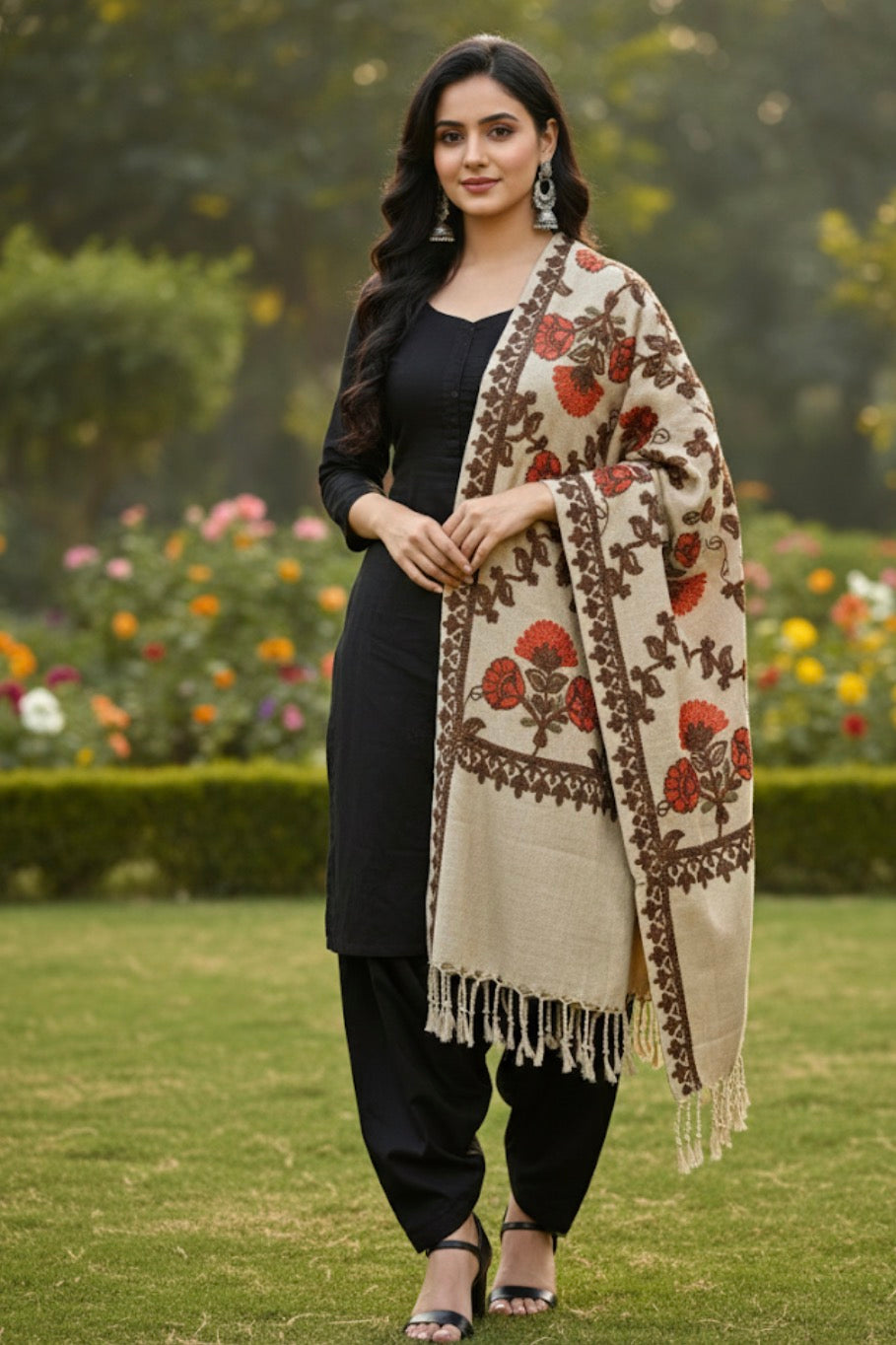 Beige Colored Embroidered Kashmiri Stole | Aari Embroidered